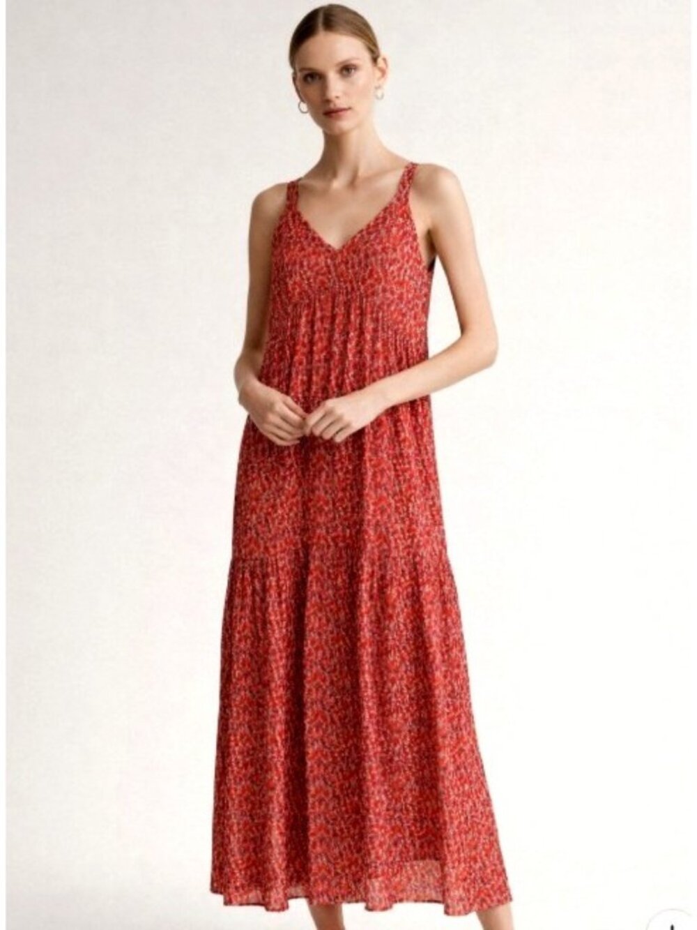 Joie Red Printed Midi Dress Sleeveless V Neck Boho Tiered Flowy Small